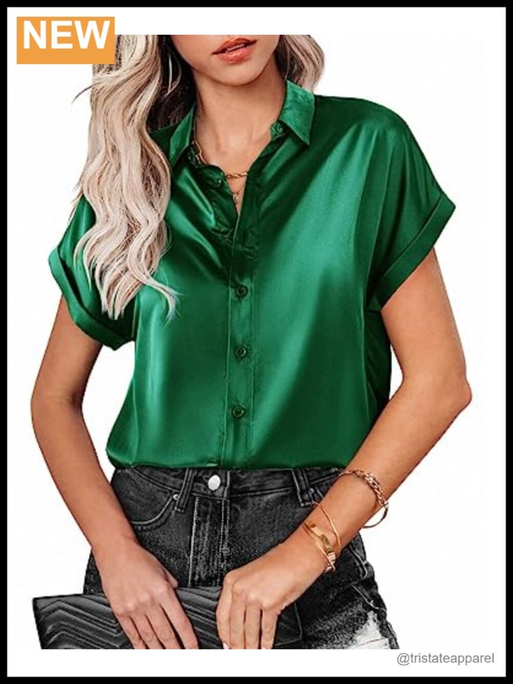 Satin Button Down Blouse Short Sleeve V-Neck Women's Summer Work Top